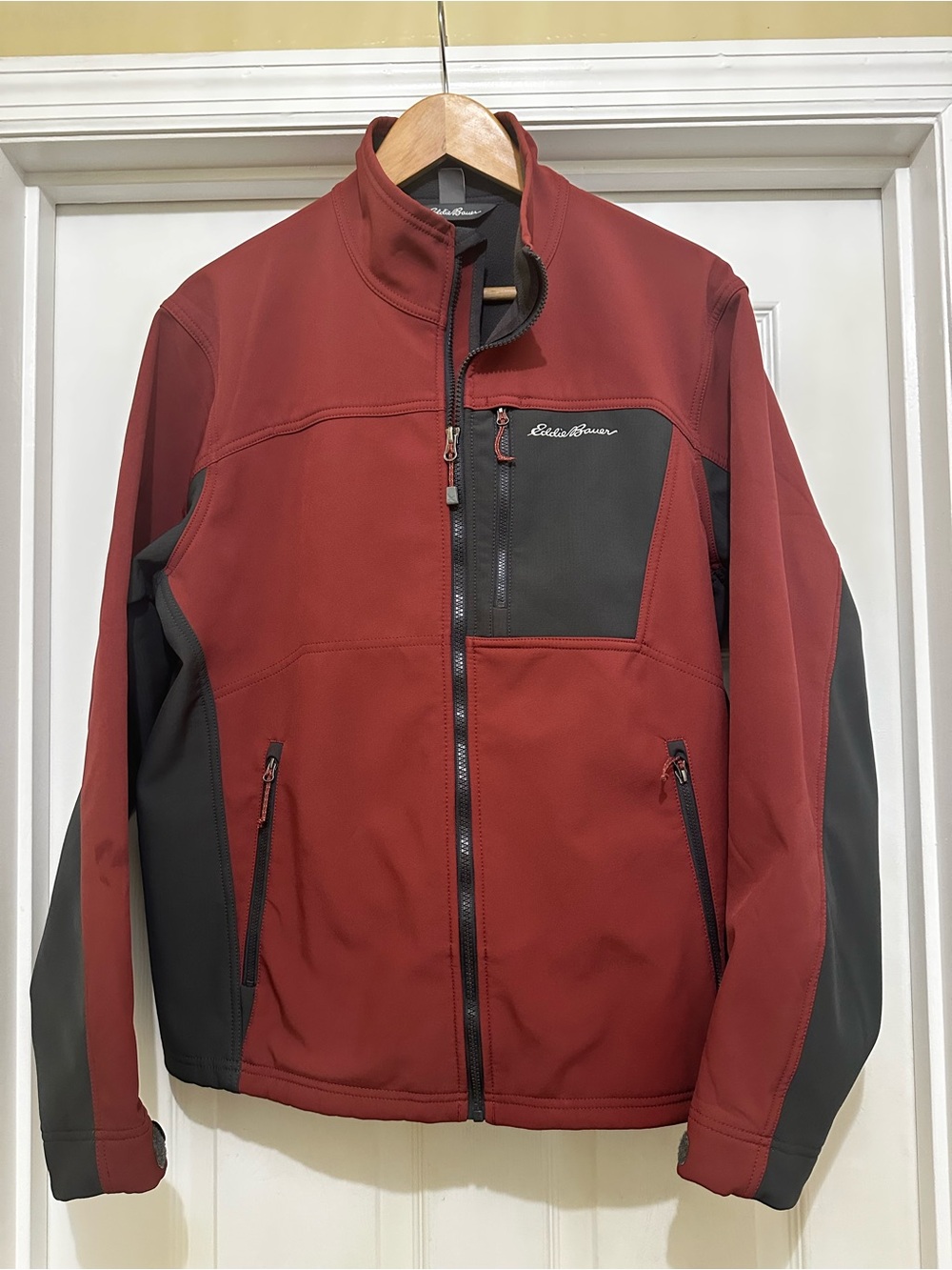 Eddie Bauer Rust Red and Charcoal Softshell Jacket